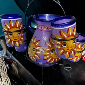 Hand-Painted Sun Motif Purple Pitcher and Mug Set